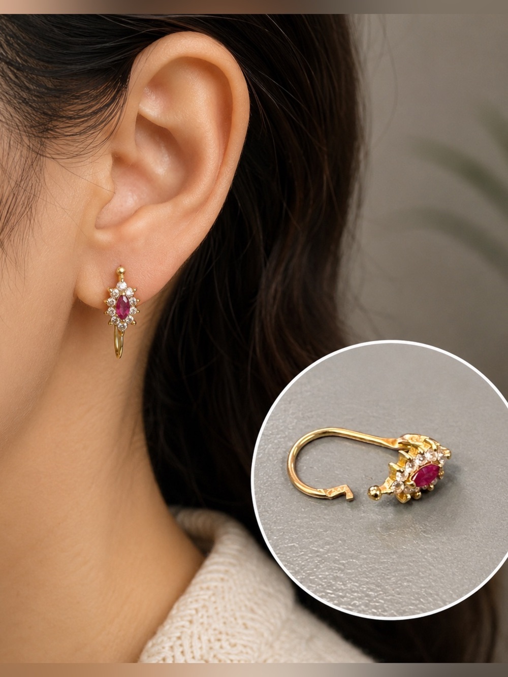 Vintage Single Earring Gold Tone Red Marquise Clear Stones Victorian inspired